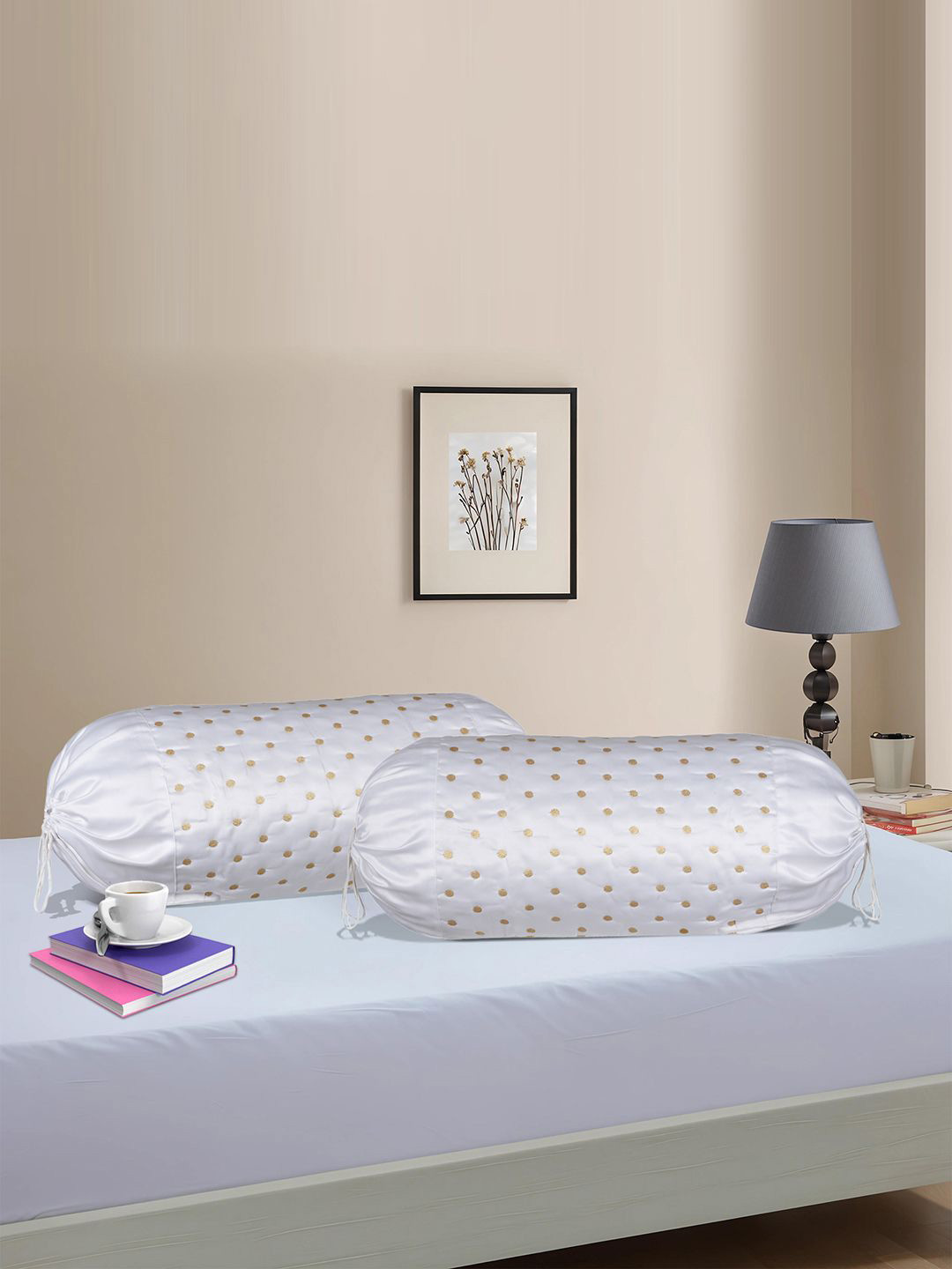 Kuber Industries White 2 Pieces Self Design Polka Dots Bolster Covers