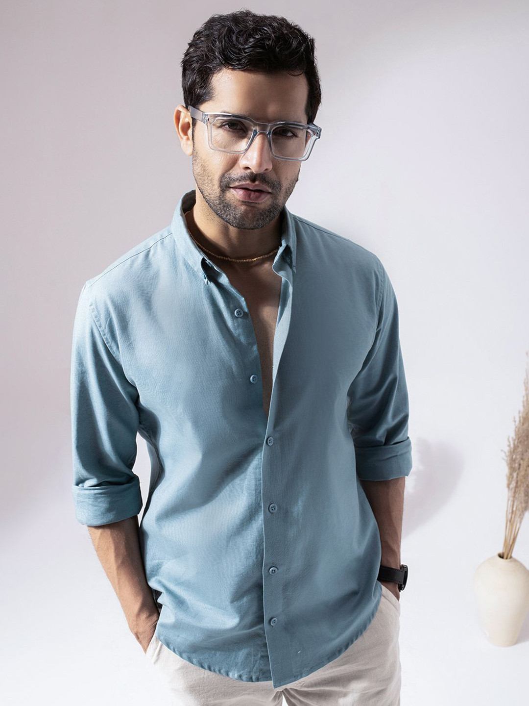 Perch Men Sky Blue Linen Cotton Button Down Solid Shirt