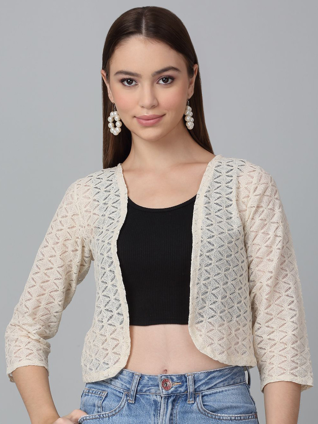 Dressitude Self-Design Front Open Cotton Lace Elastic Shrug