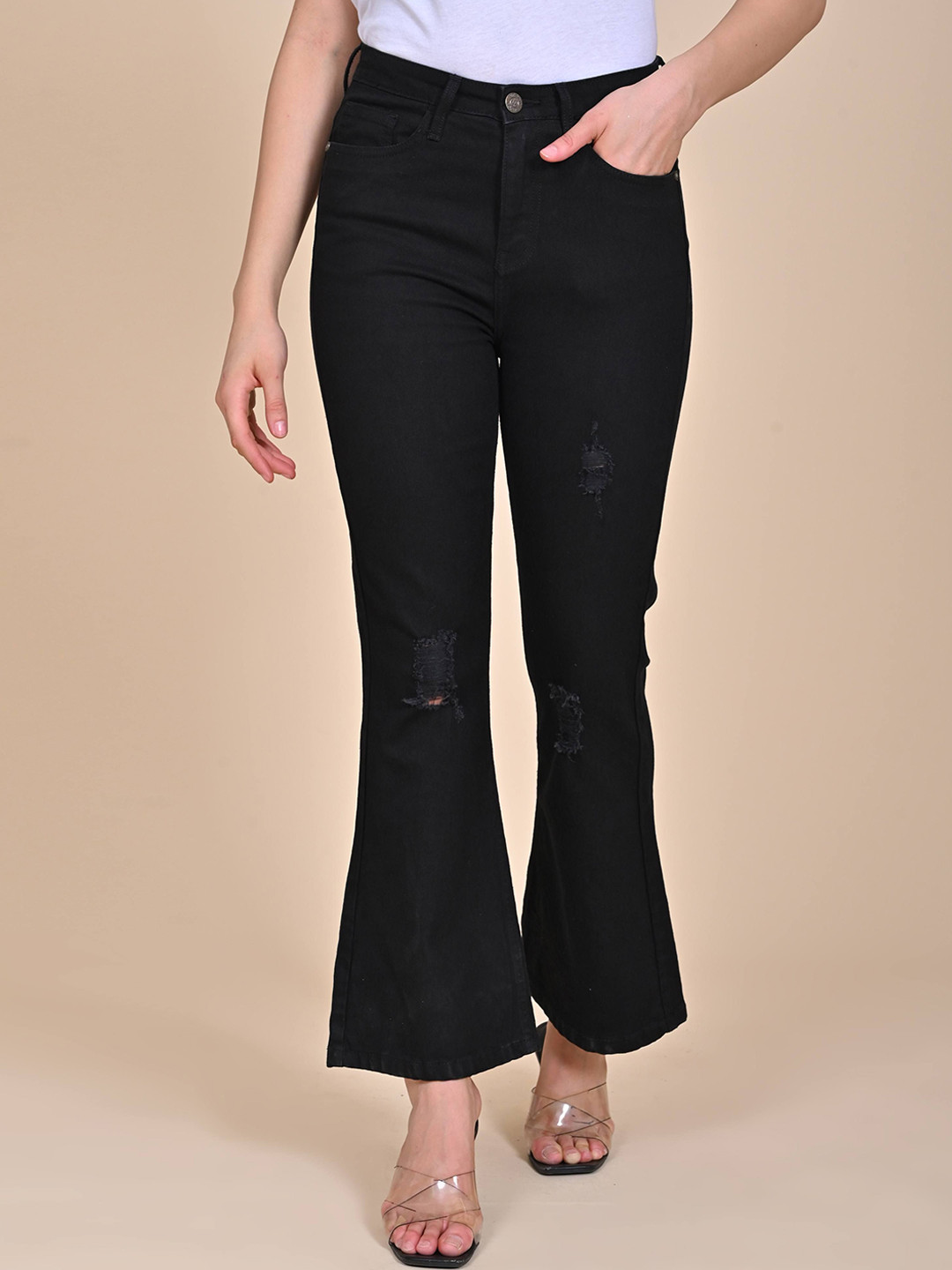 URBAN POCHE Women Cotton Bootcut High-Rise Slash Knee Jeans