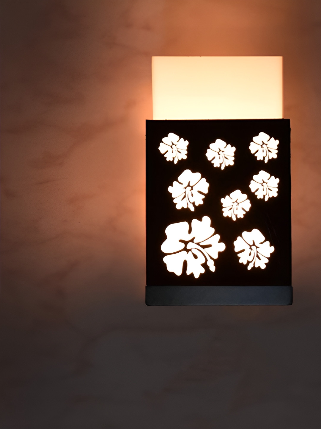 Gojeeva Black Floral Printed Wooden Square Shaped Wall Lamp