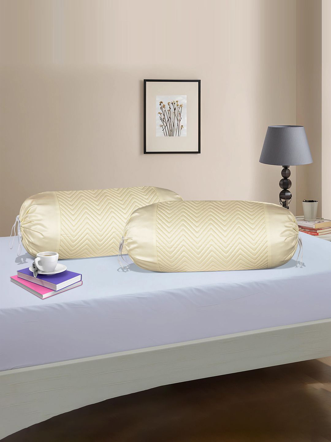 Kuber Industries 2 Pcs Self Design Bolster Covers with Dori for Sofa, Diwan single bed