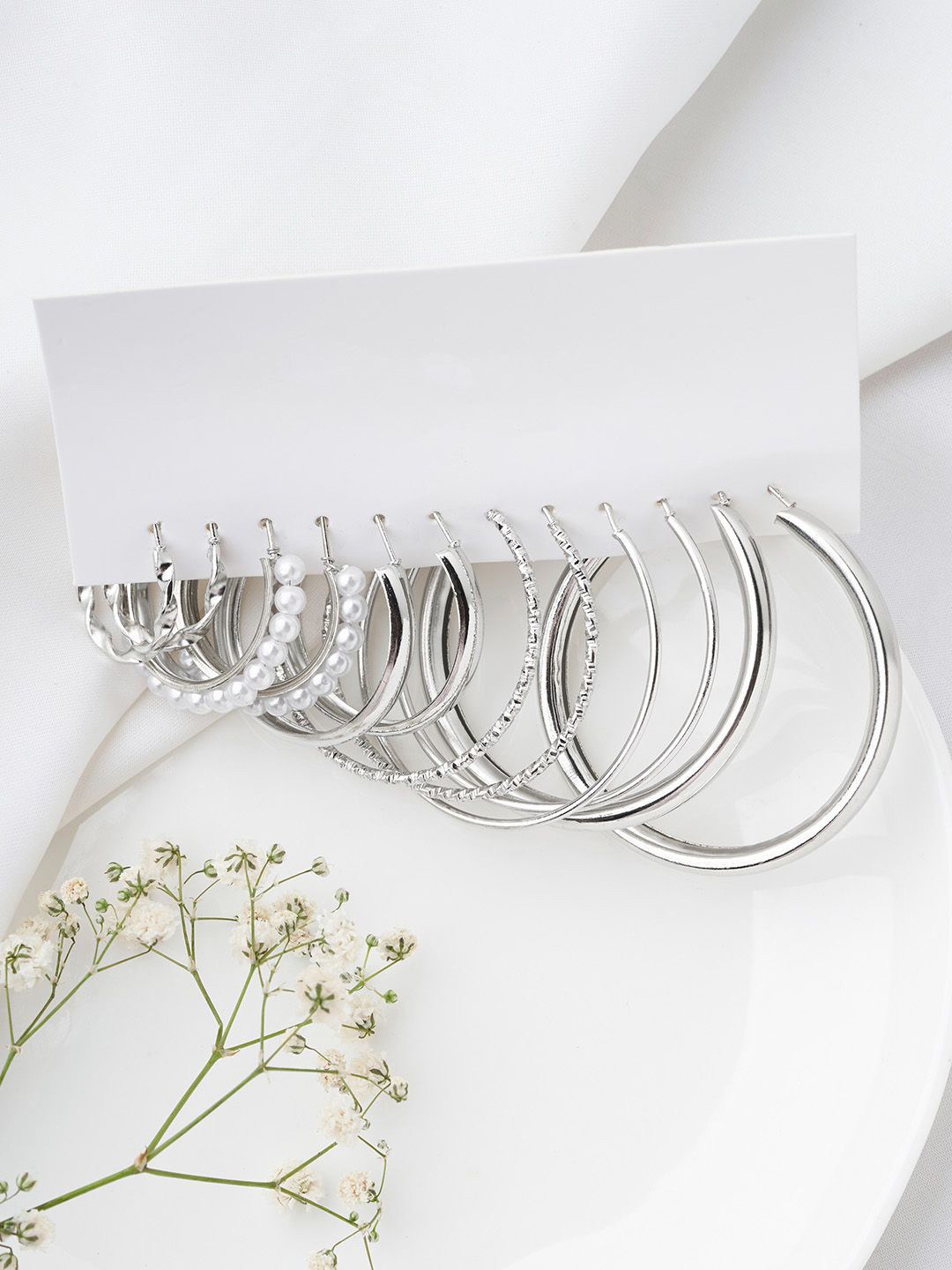 JOKER & WITCH Paradise Set Of 6 Silver Contemporary Beaded Hoop Earrings