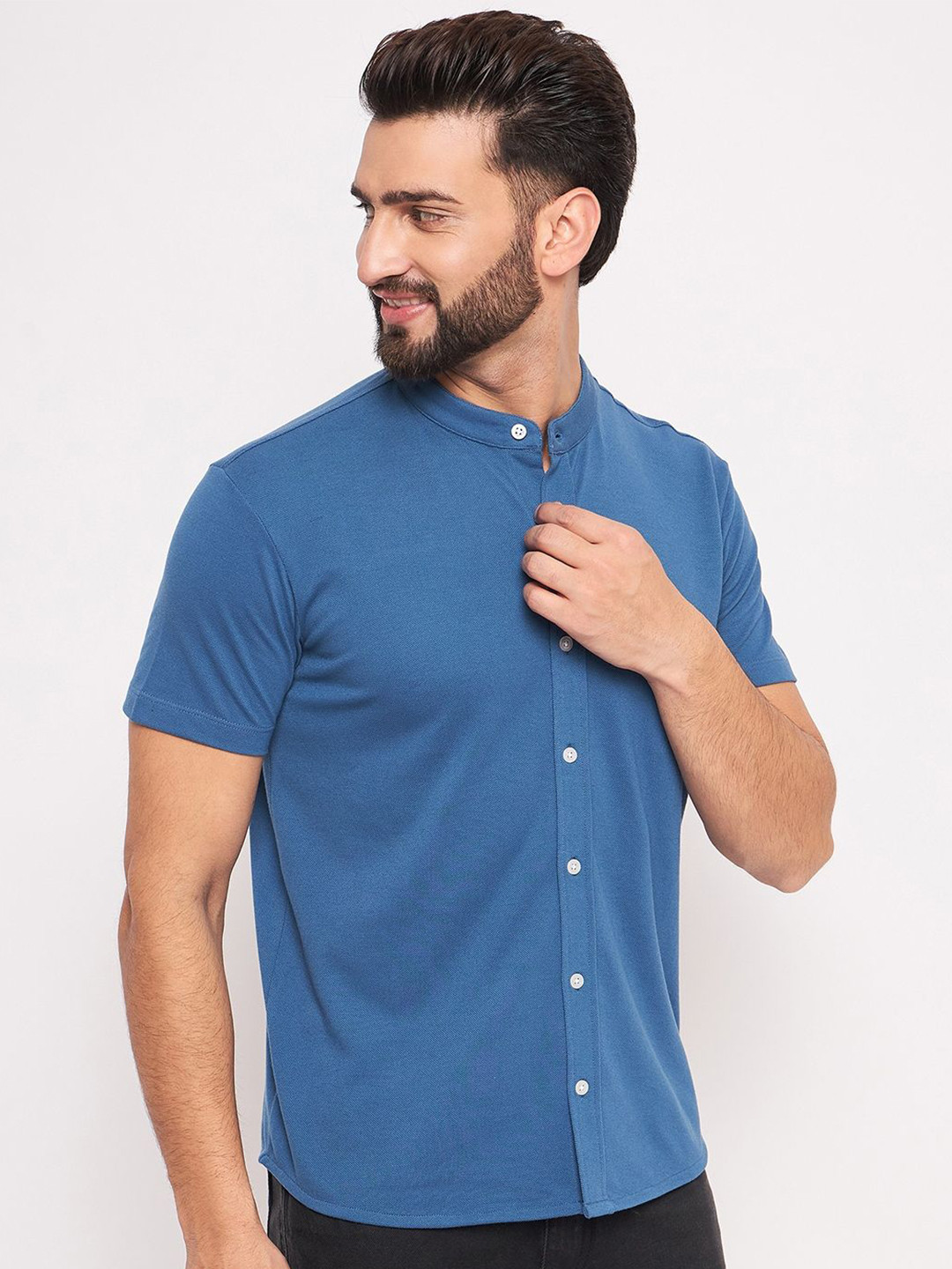 GET GOLF Men Band Collar Solid Cotton Casual Shirt