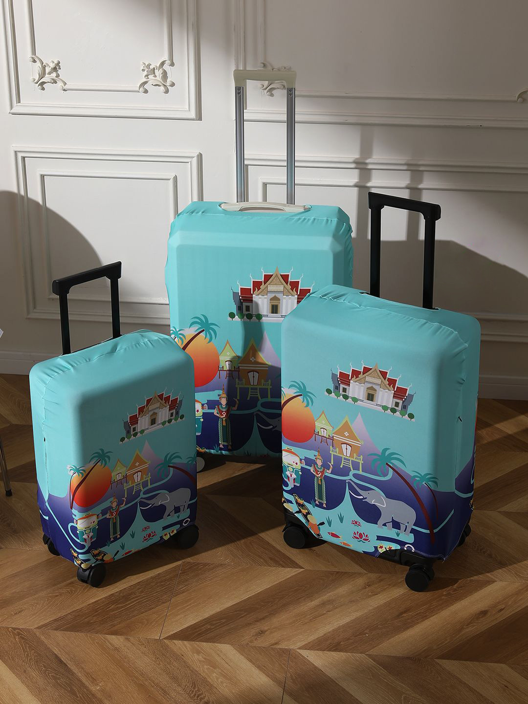 Hokipo Graphic Gradient Blue Thrill Seeker Printed Medium Trolley Suitcase Cover