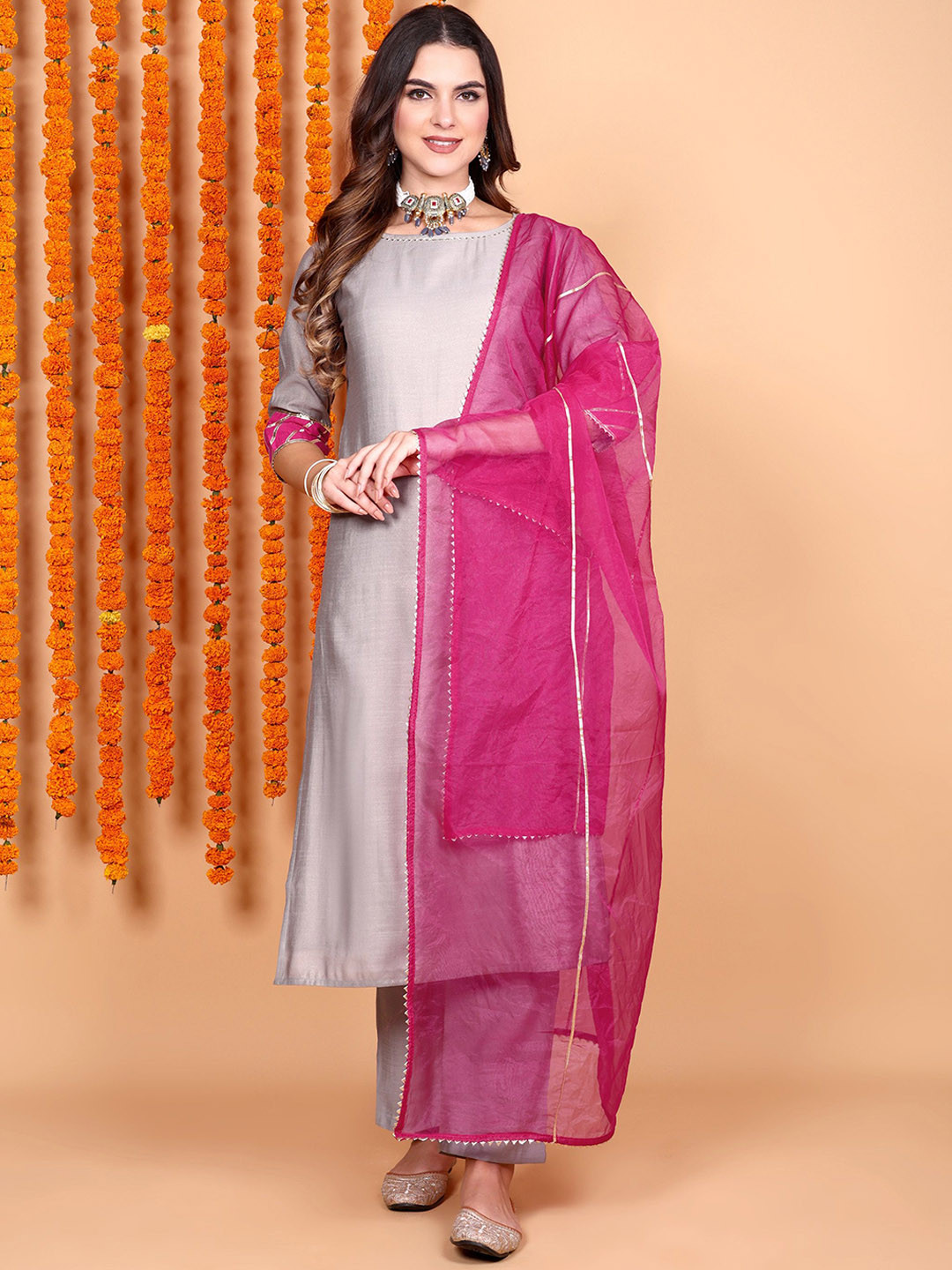 Vastara the Label Gotta Patti Round Neck Straight Kurta With Trousers & Dupatta