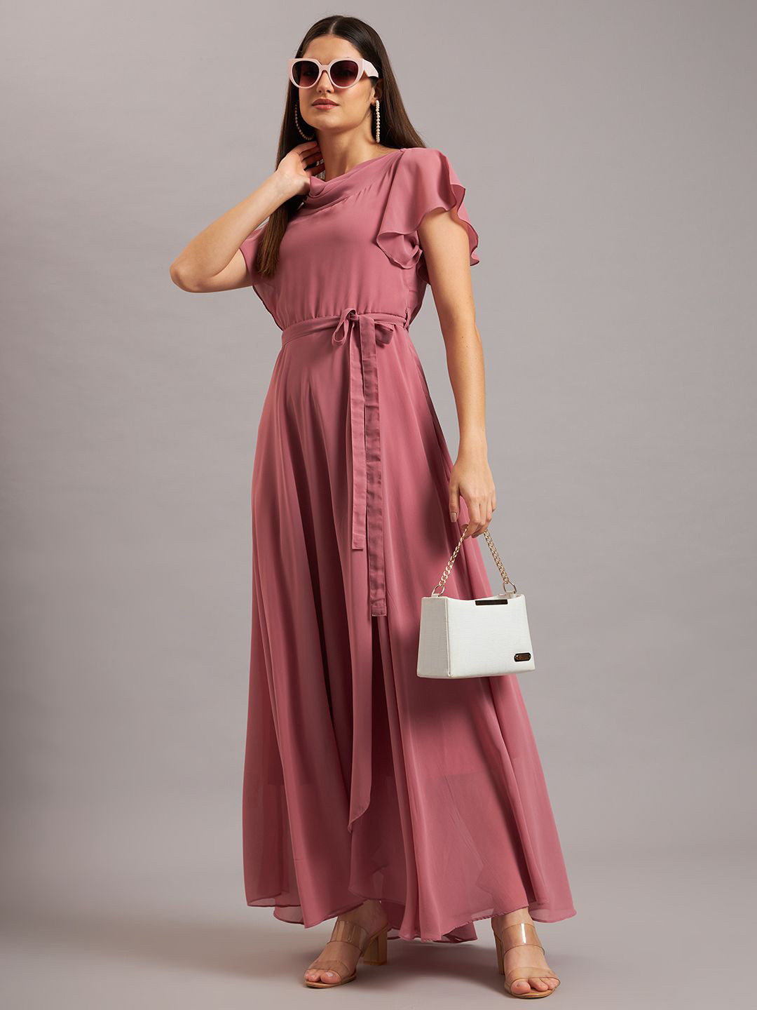 Eavan Women Cowl Neck Georgette Fit & Flare Maxi Dress