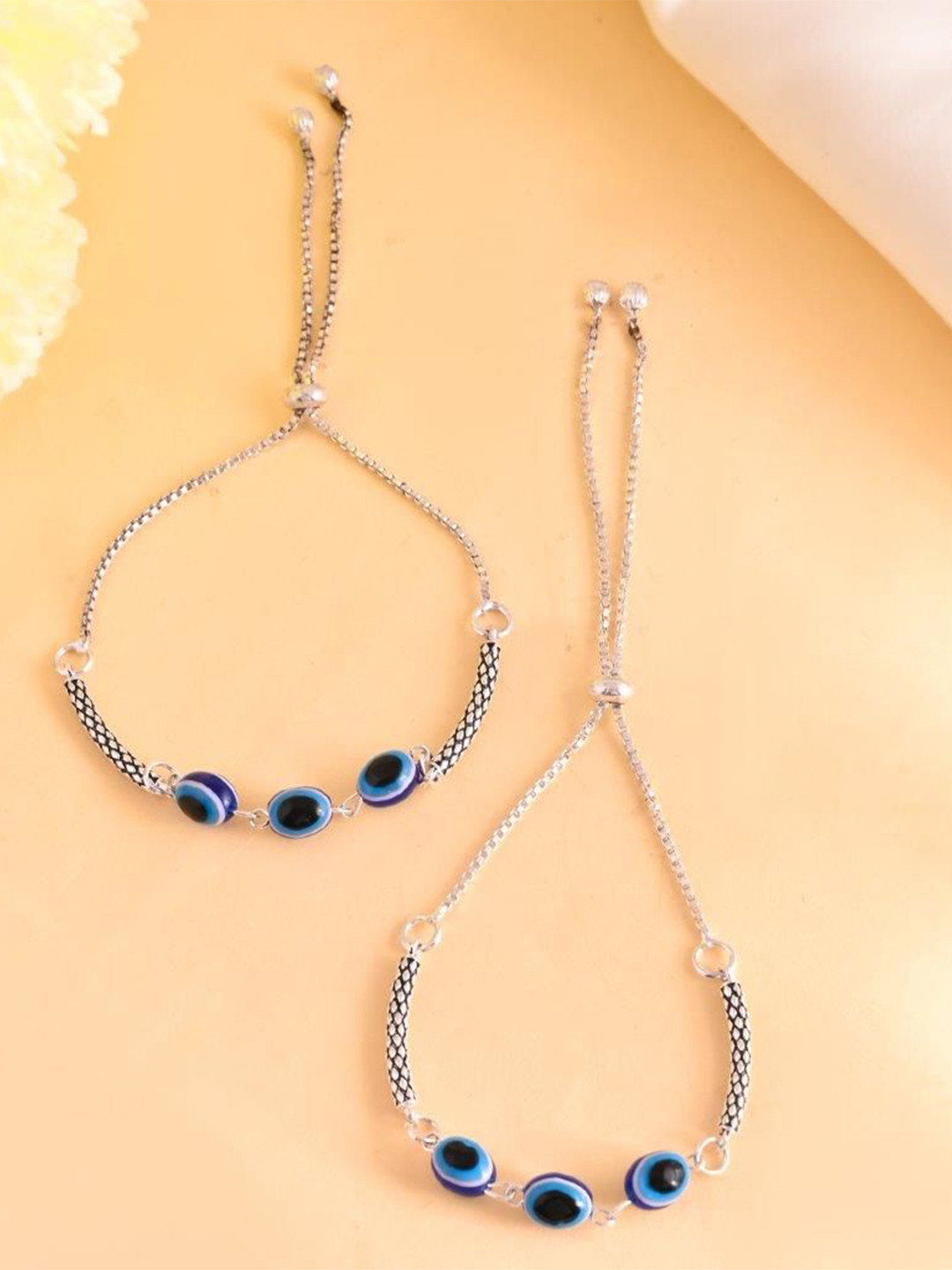 VOJ Set Of 2 Silver-Plated Stainless Steel Traditional Evil Eye Anklets