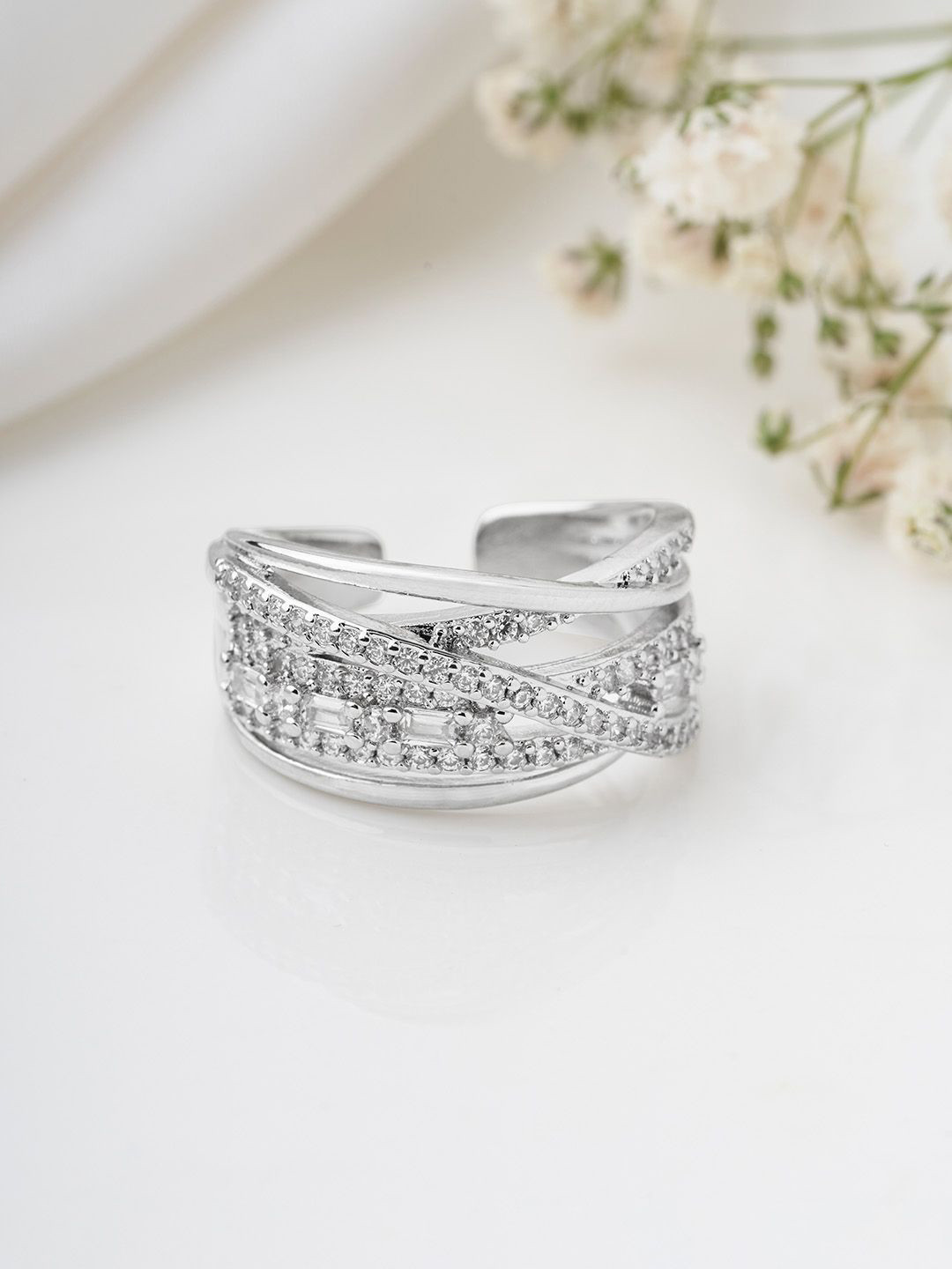 JOKER & WITCH Silver-Plated Stone-Studded Adjustable Mysticc Finger Ring