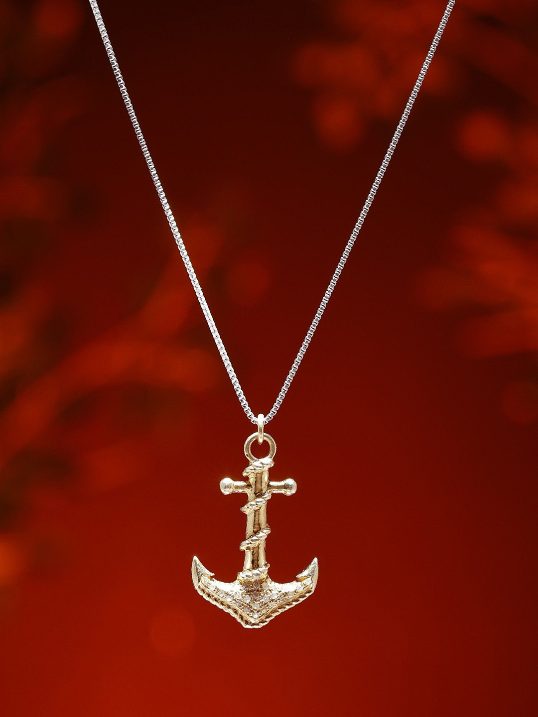 Exotic India Gold Plated Sterling Silver Anchor Pendant with Diamond