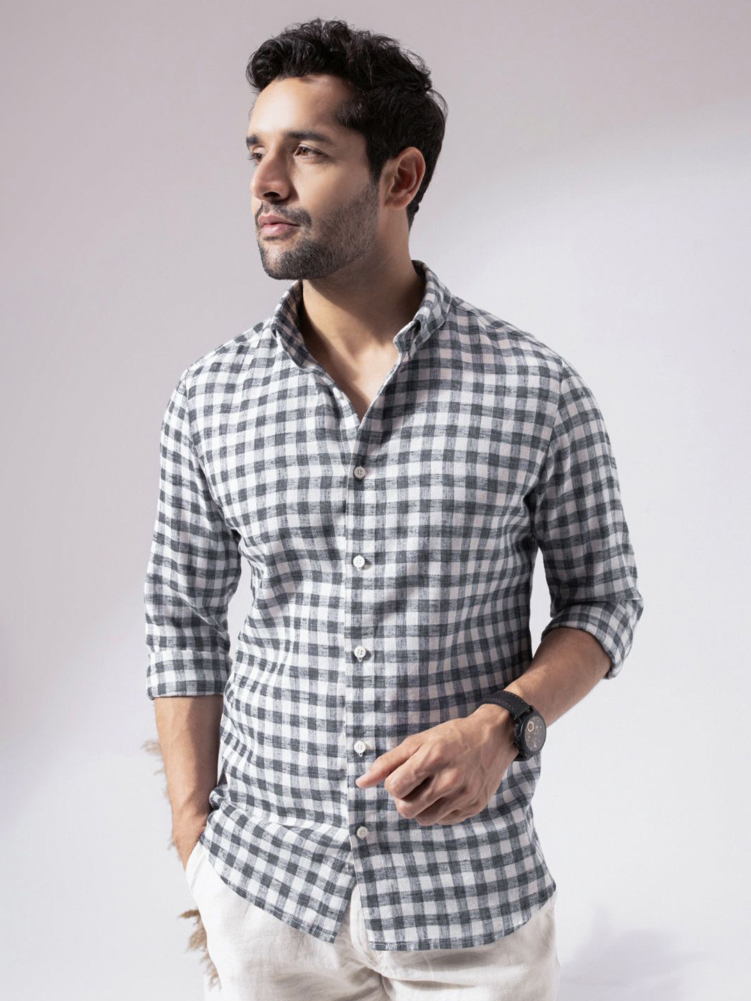Perch Men Black Checked Linen Cotton Shirt