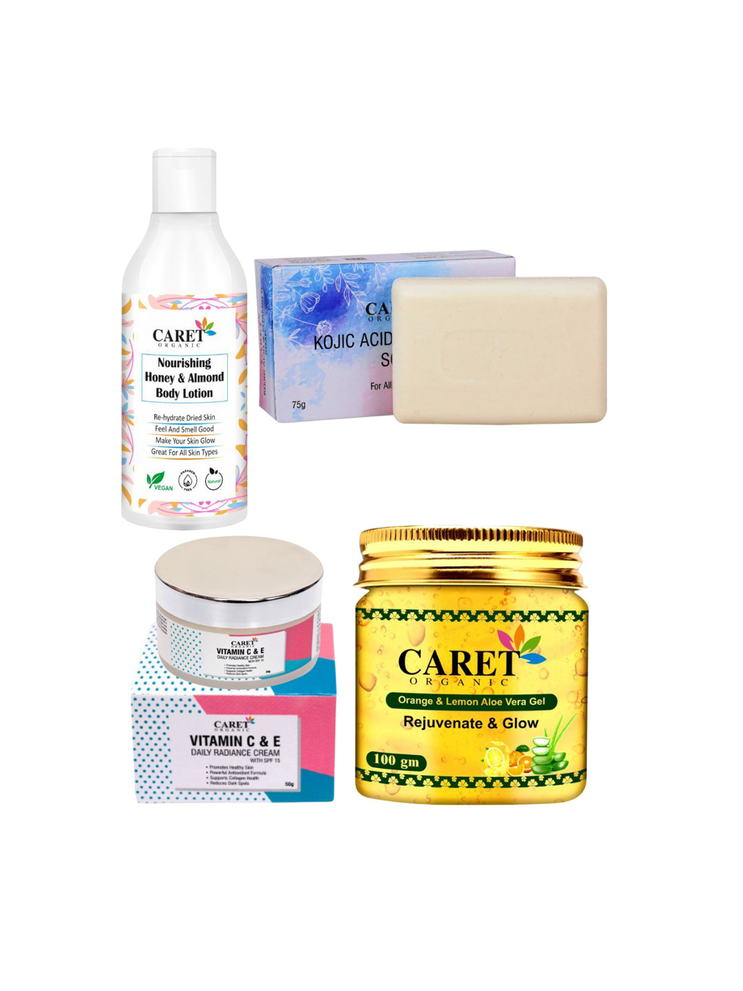 CARET ORGANIC Set of 4 Body Lotion & Daily Radiance Cream & Orange Gel & Kojic Acid Soap