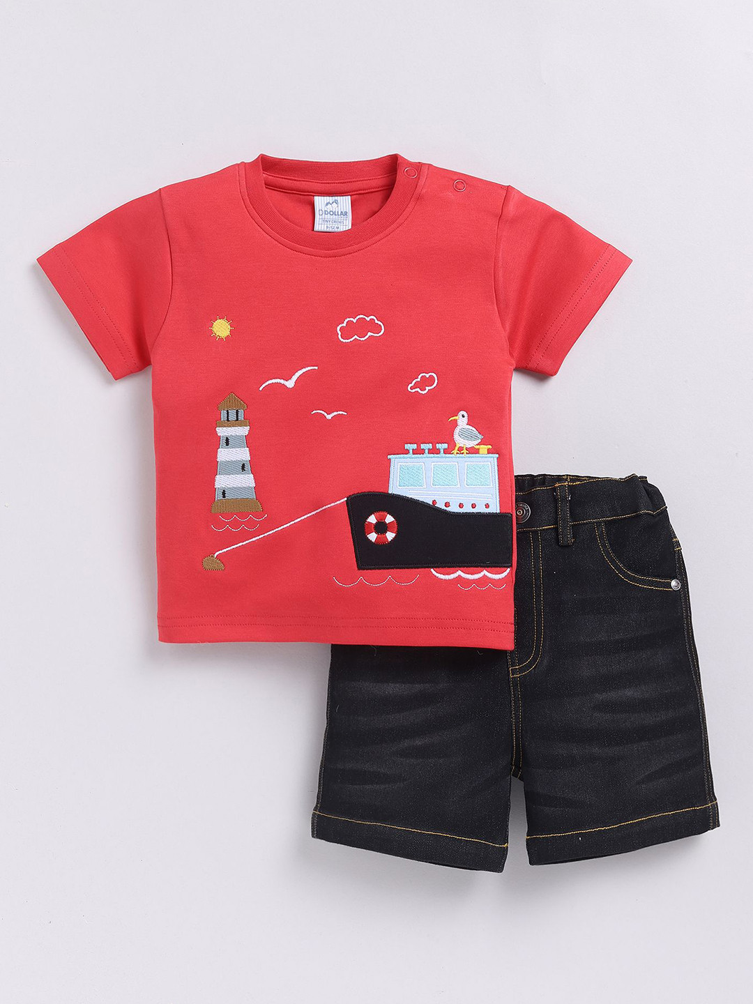 Dollar Kid Super Soft Printed Short Sleeves T Shirt With Denim Short Pant Set