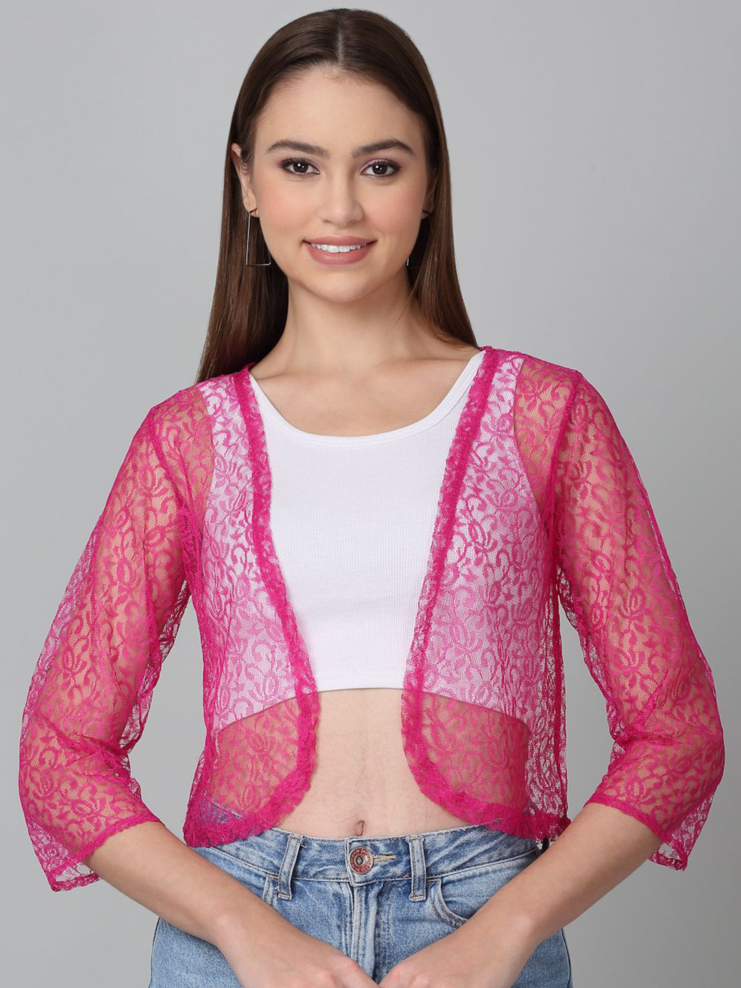 Dressitude Self Design Cotton Open Front Crop Shrug