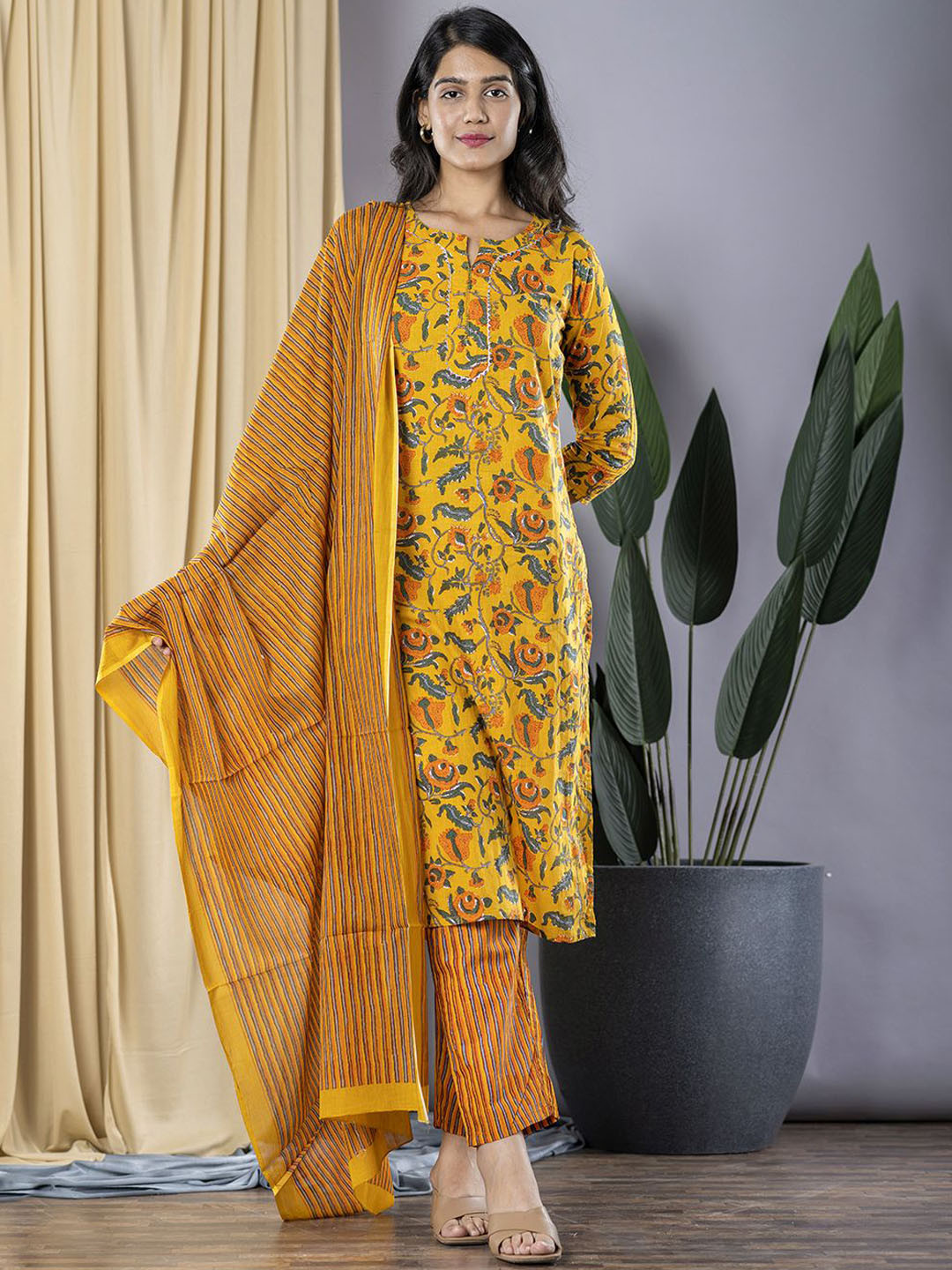 KALINI Floral Printed Notch Neck Pure Cotton Straight Kurta With Trousers & Dupatta