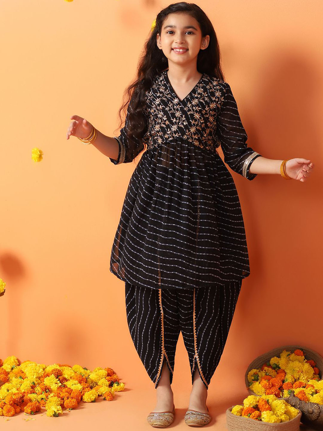 FASHION DREAM Girls Floral Printed Sequinned Georgette A-Line Kurta With Dhoti Pant