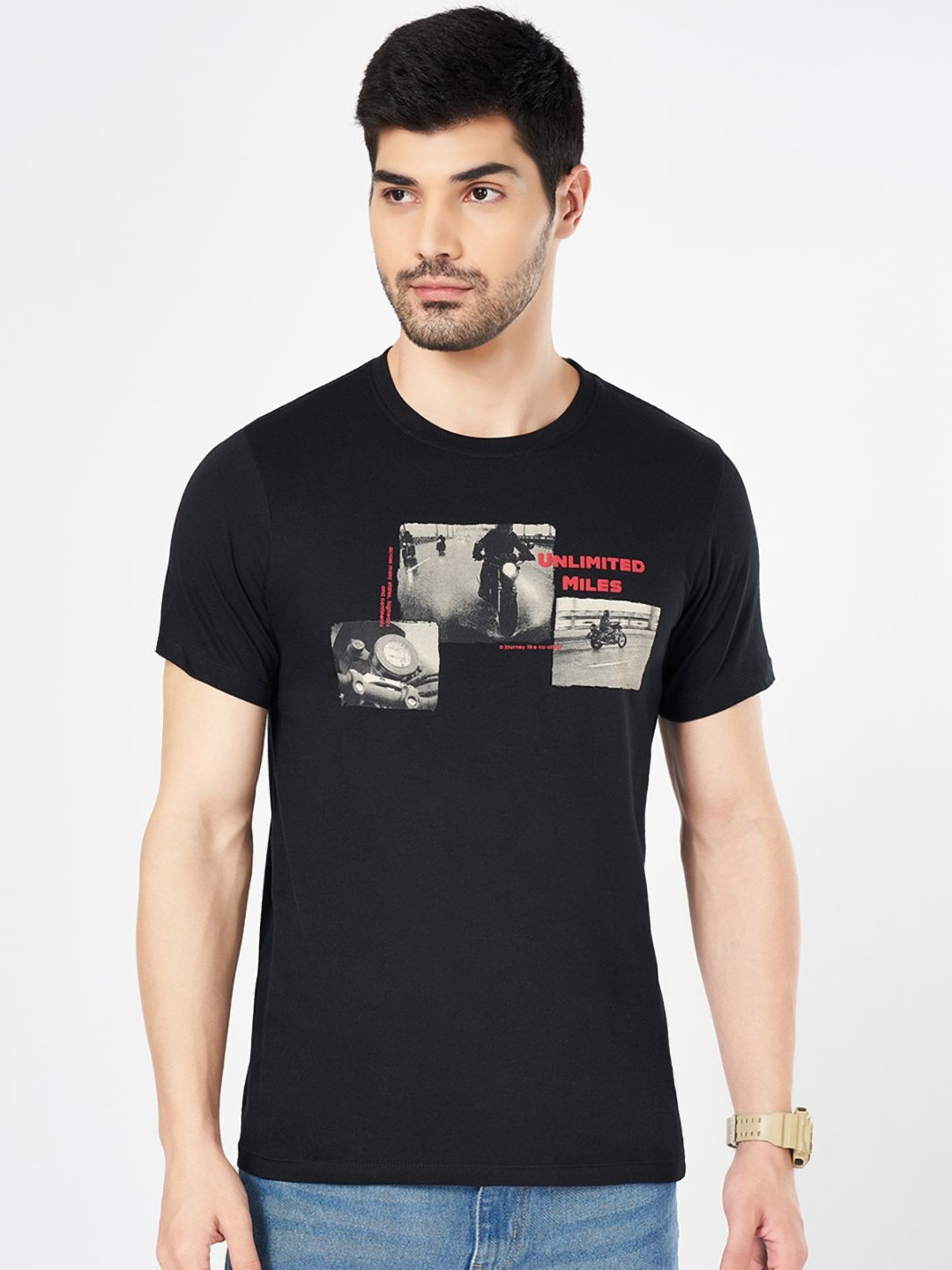 SF JEANS by Pantaloons Men Cotton Slim Fit Solid Bike Printed T-shirt