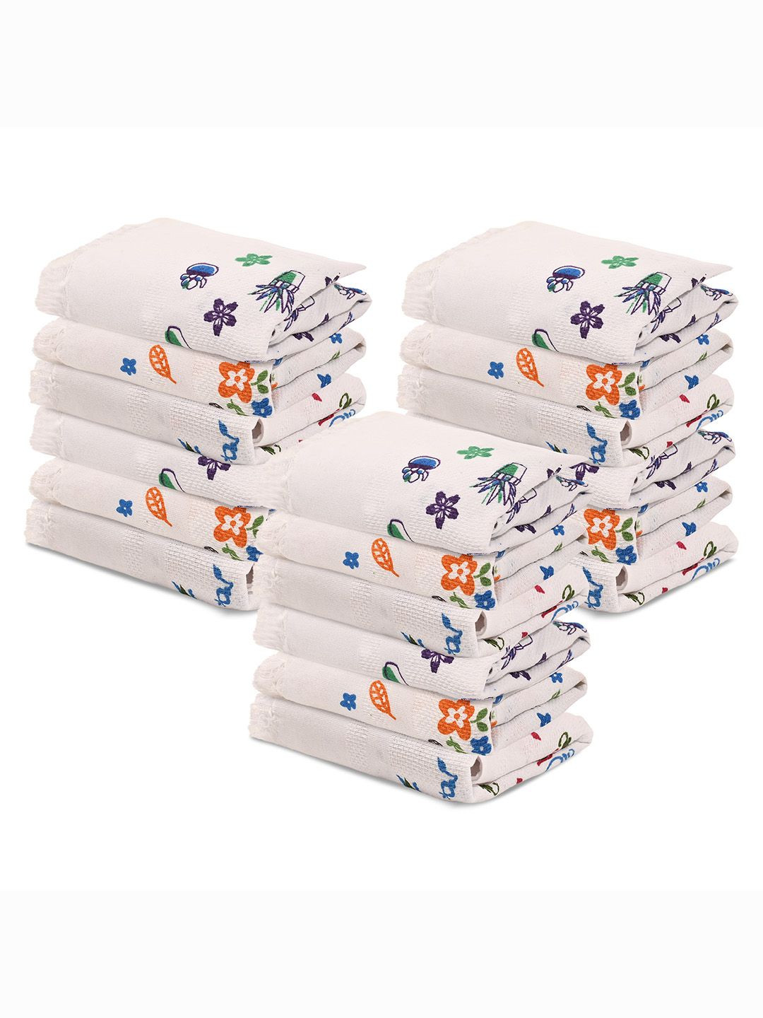 Kuber Industries White & Purple 18 Pieces Floral Printed Cotton 210 GSM Face Towels