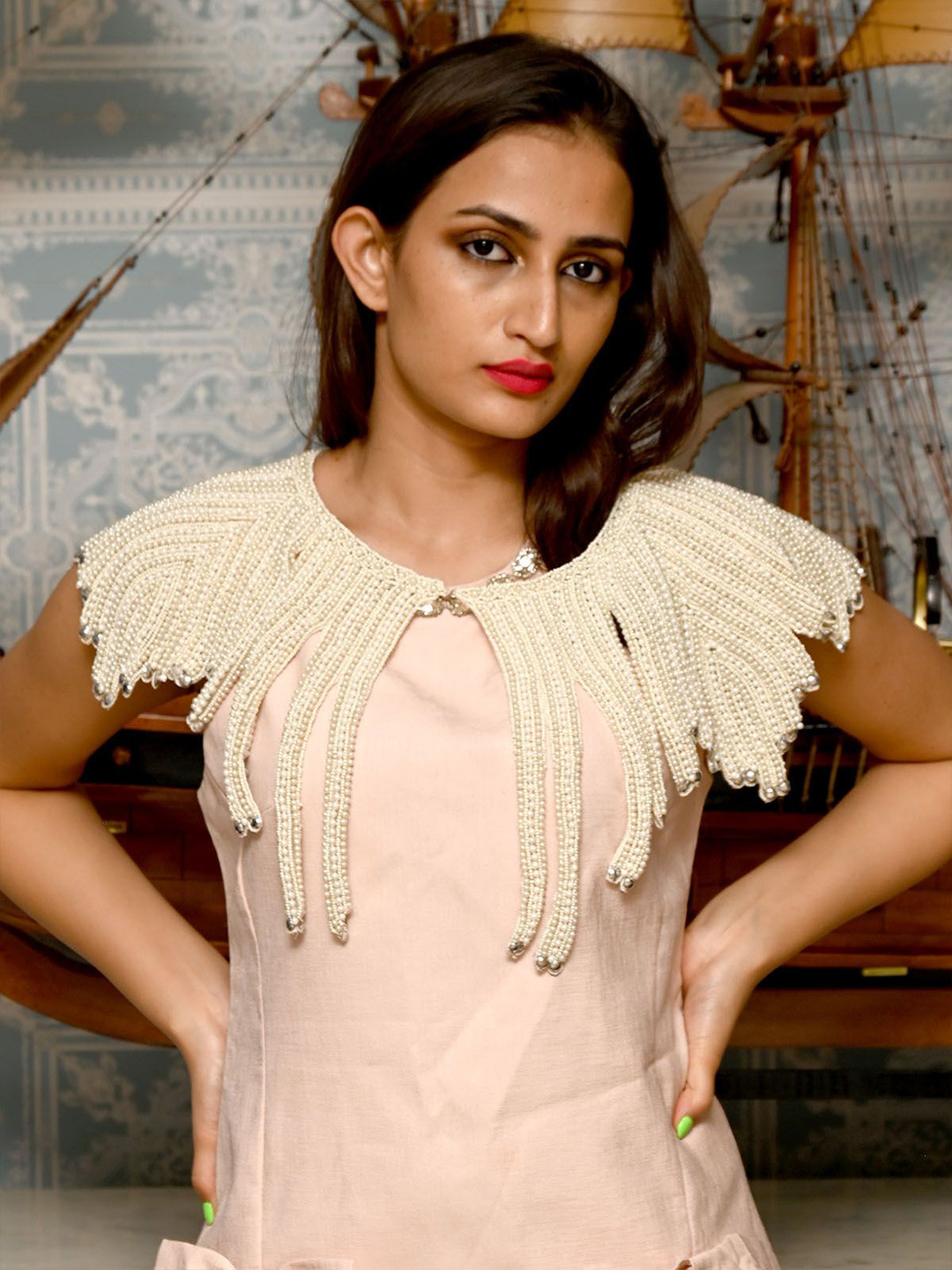 ODETTE Floral Embroidered Beaded Extended SleevesCrop Cape Top