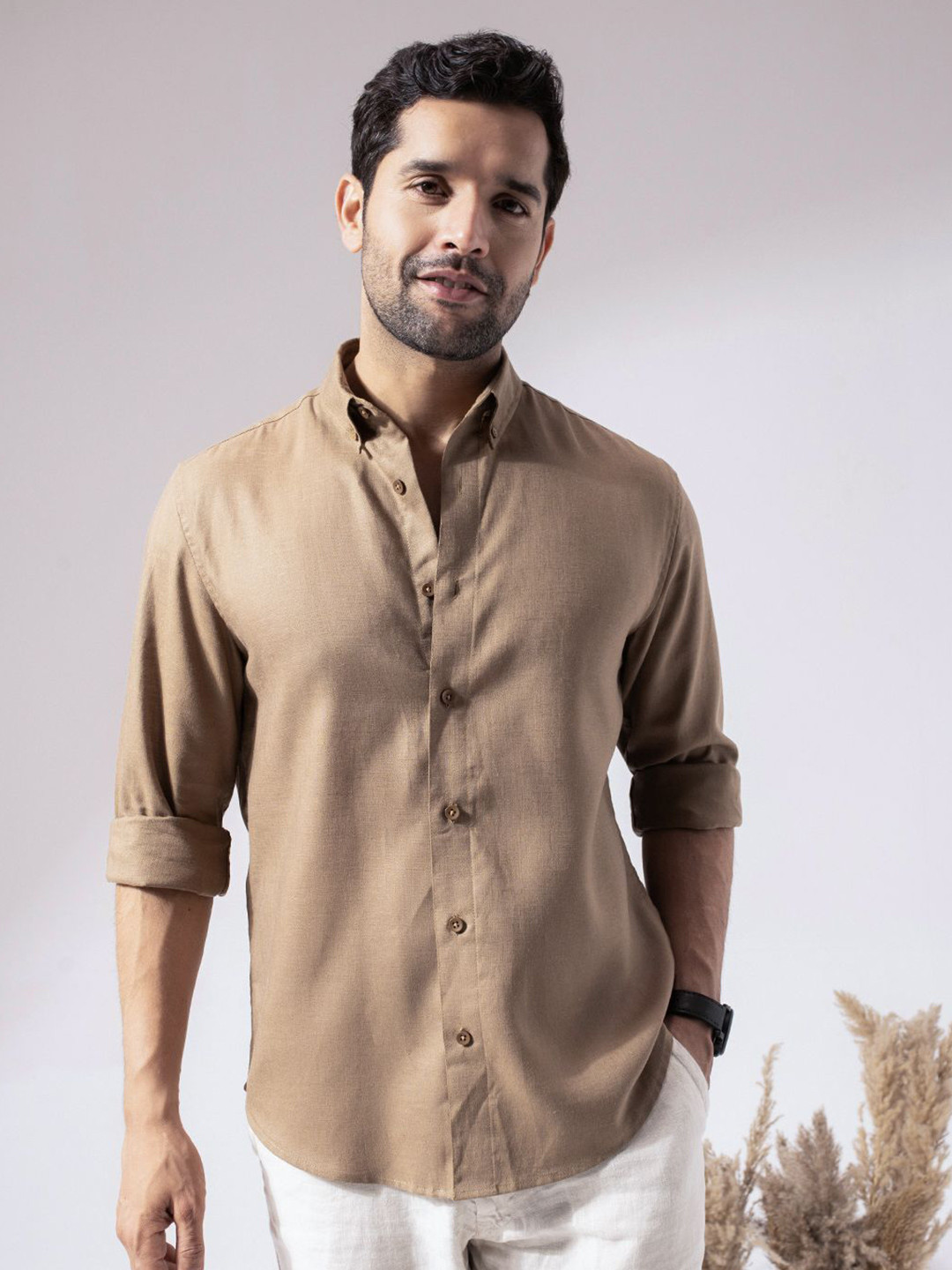 Perch Men Brown Linen Cotton Button down solid Shirt