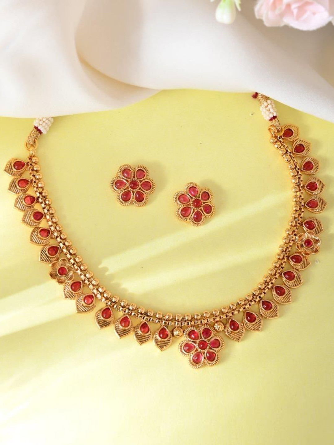 VOJ Gold Plated Stainless Steel Flower Shaped Ruby Stone Studded Jewellery Set