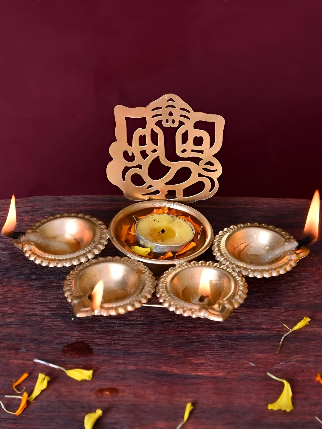 Ascension GoldToned Ganesh Ji Design Metal Decorative Diyas