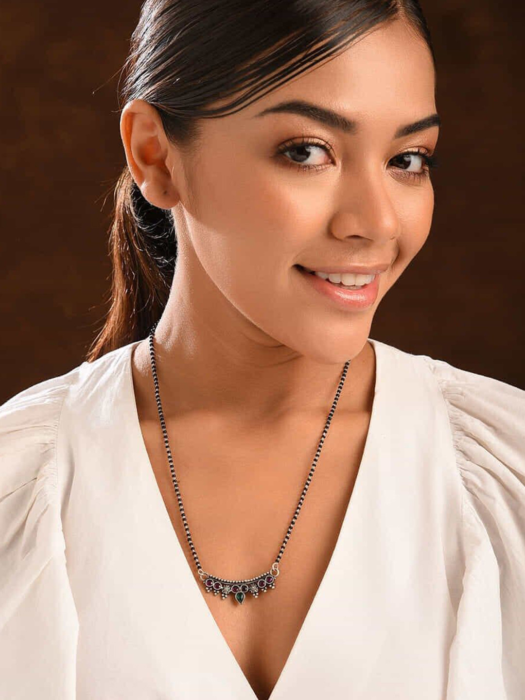 JAYPORE Silver Emerald Minimal Necklace
