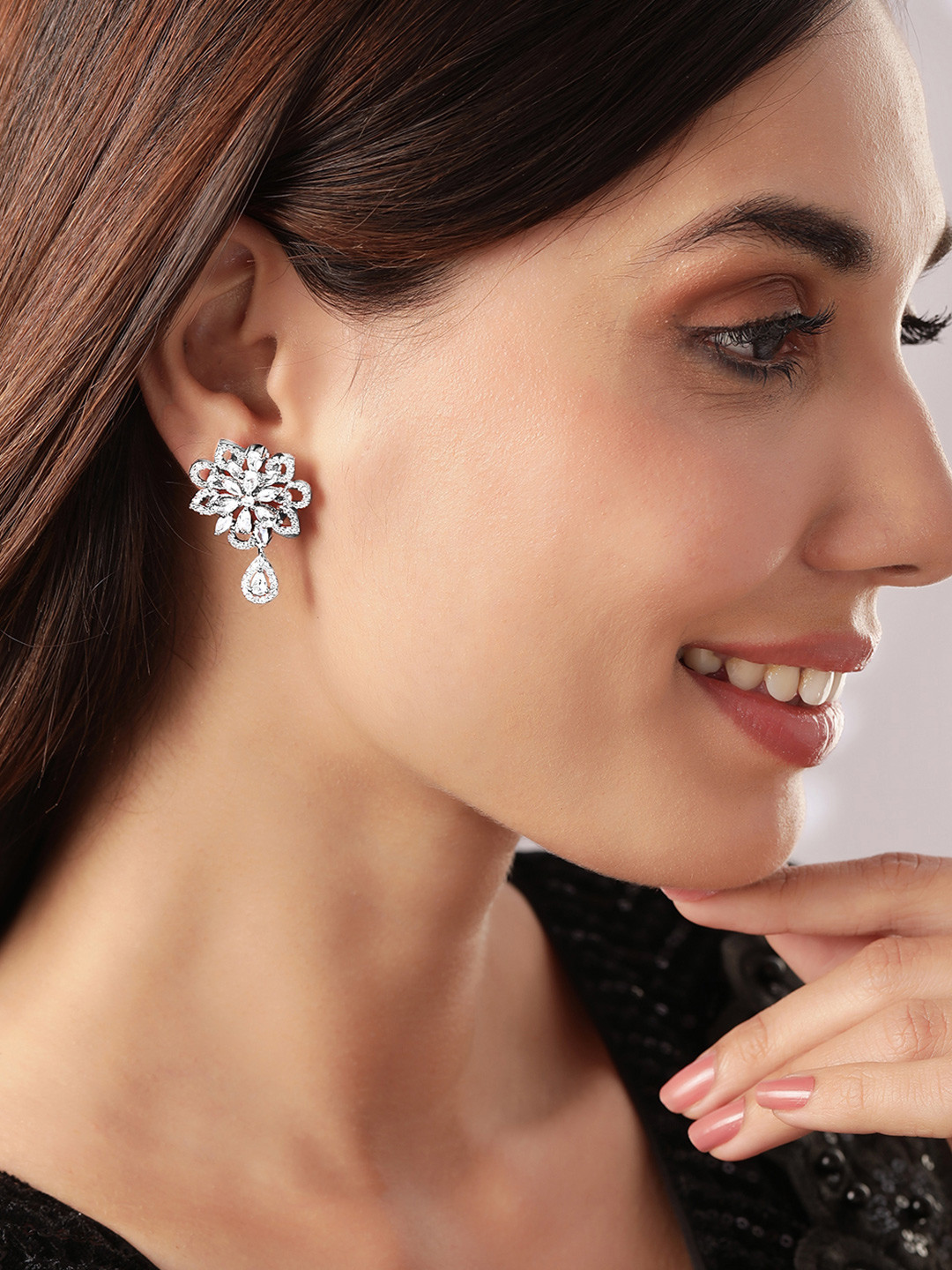 Rubans Rhodium-Plated Floral Cubic Zirconia Studded Dangle Earrings