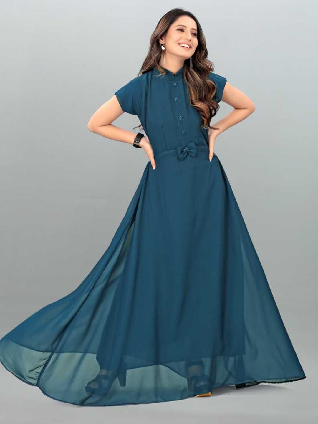 Krunal Raiyani Solid Applique Georgette Mock Neck Cap Sleeves Maxi Dress
