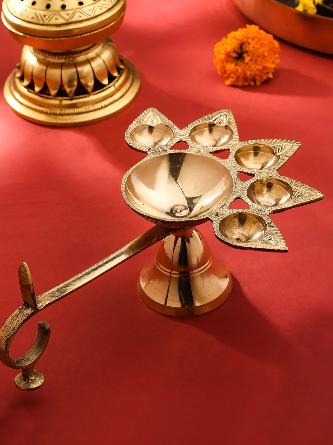 TIED RIBBONS Glossy Brass Panchmukhi Diya With Handle