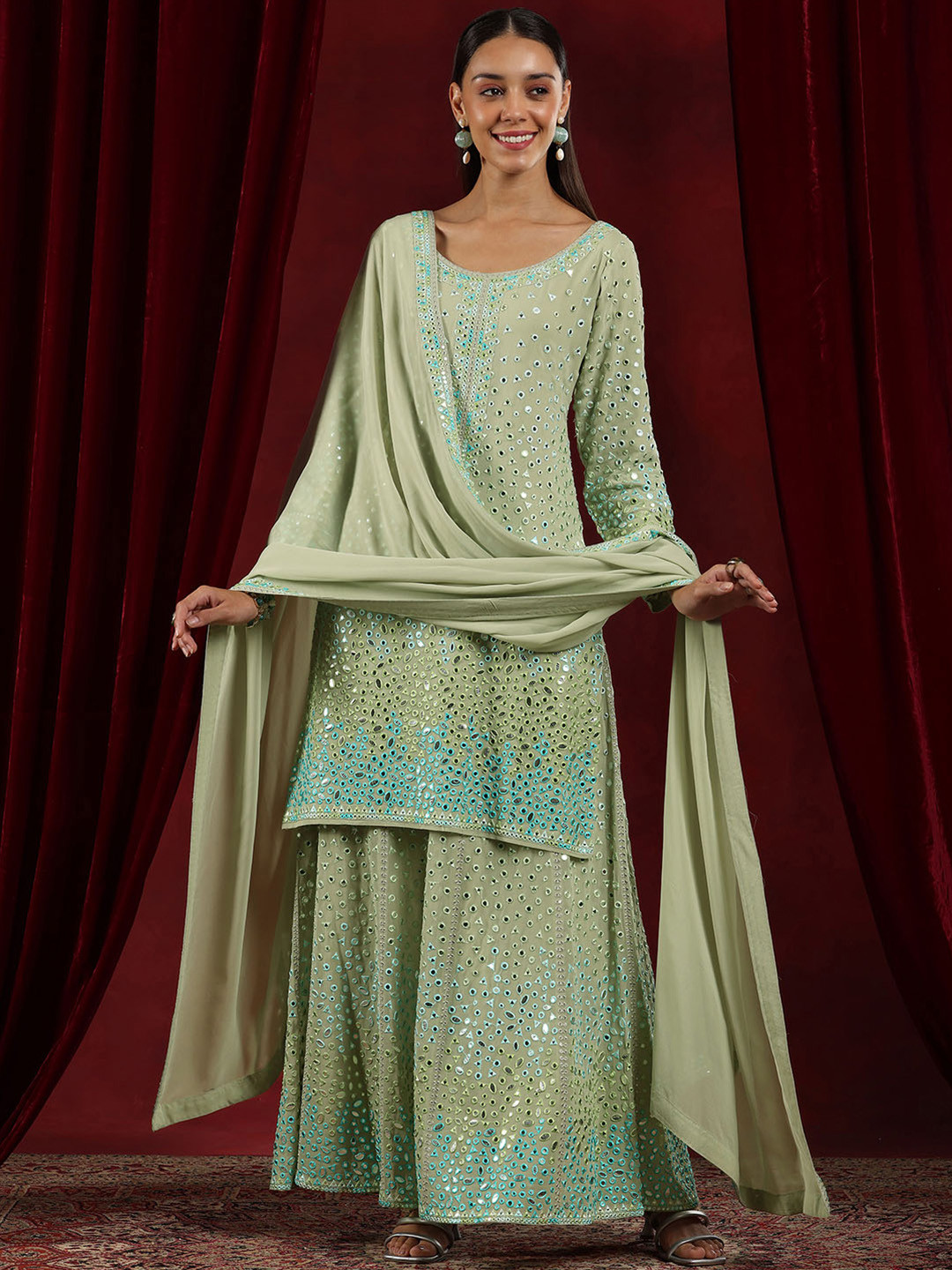 Libas Art Geometric Embroidered Mukaish Straight Kurta With Palazzos & Dupatta