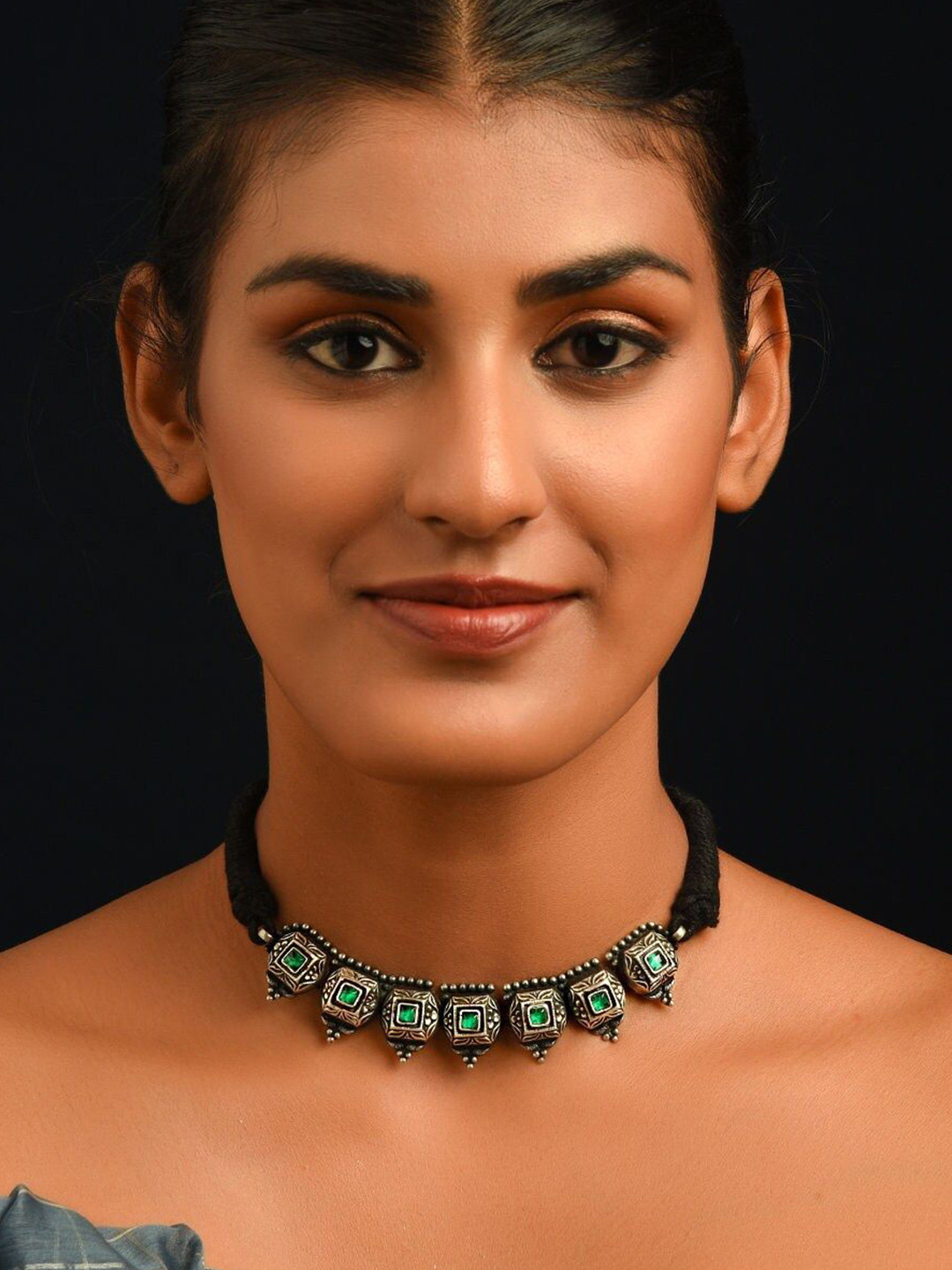 JAYPORE Silver Emerald Necklace