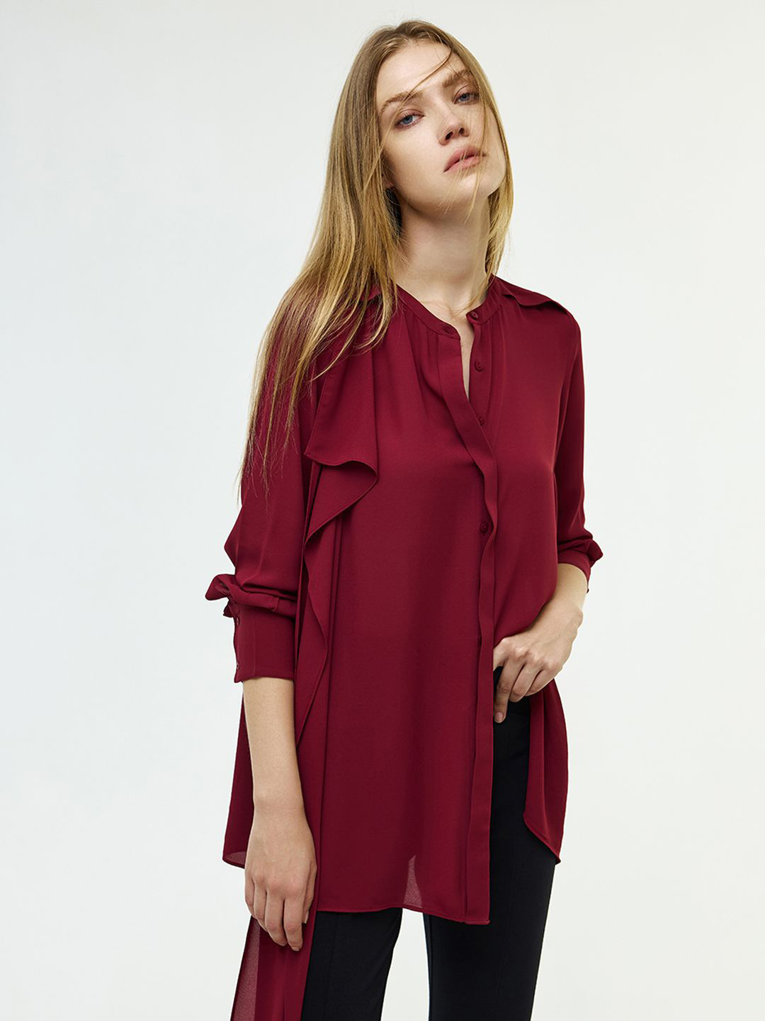 COVER STORY Tie-Up Neck Shirt Style Longline Top