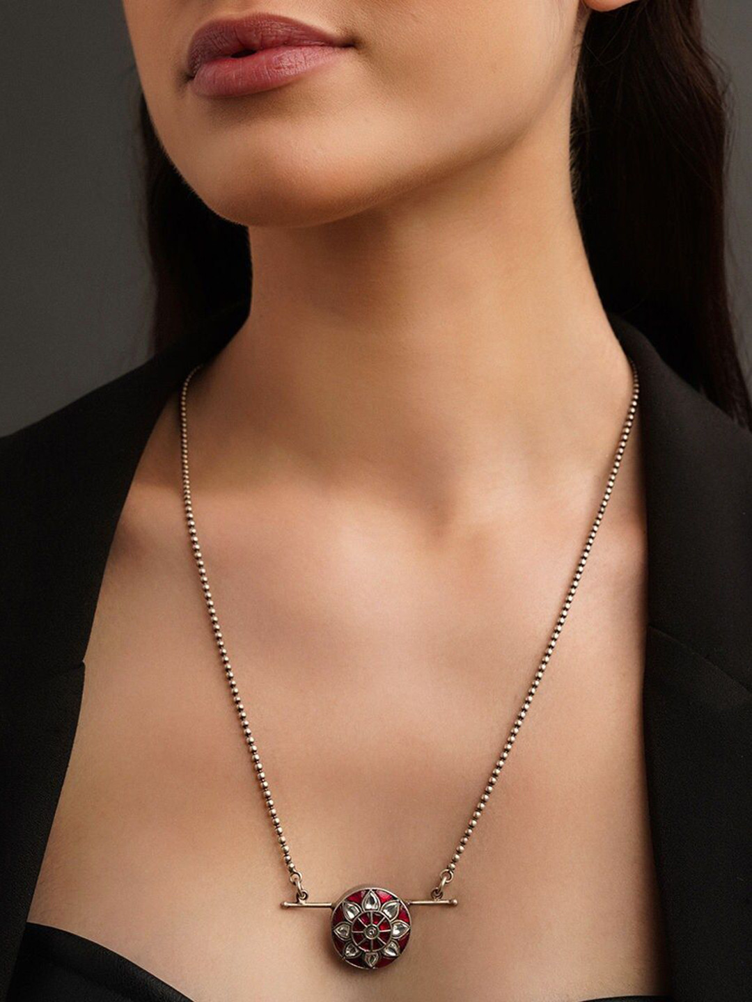 JAYPORE Silver Faux Ruby Necklace