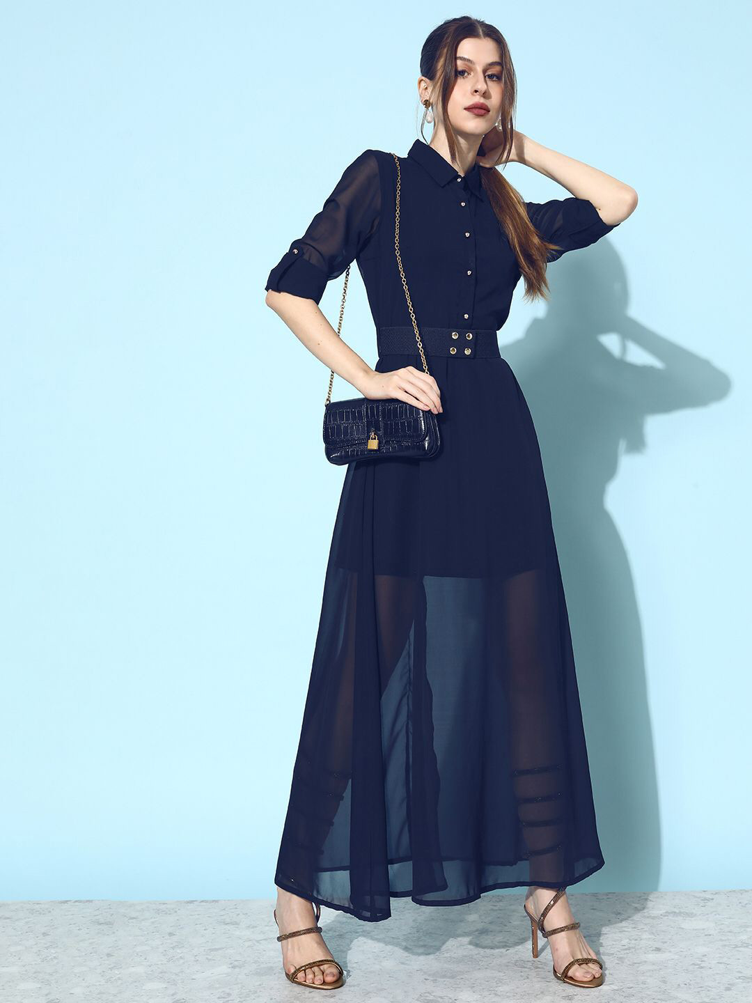 ANVI Be Yourself Shirt Collar Roll Up Sleeve Georgette Fit & Flare Dress With Slit & Belt