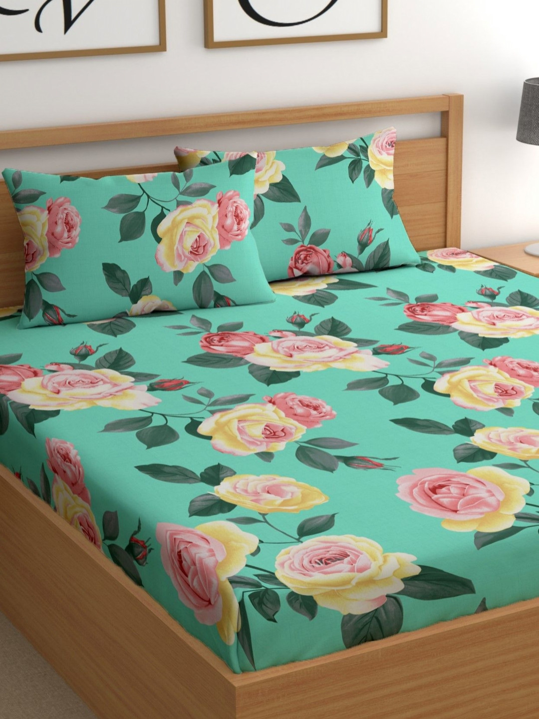 CHHAVI INDIA Blue & Yellow Floral Microfiber 210 TC Queen Bedsheet Set 2.25 x 2.50 Mts