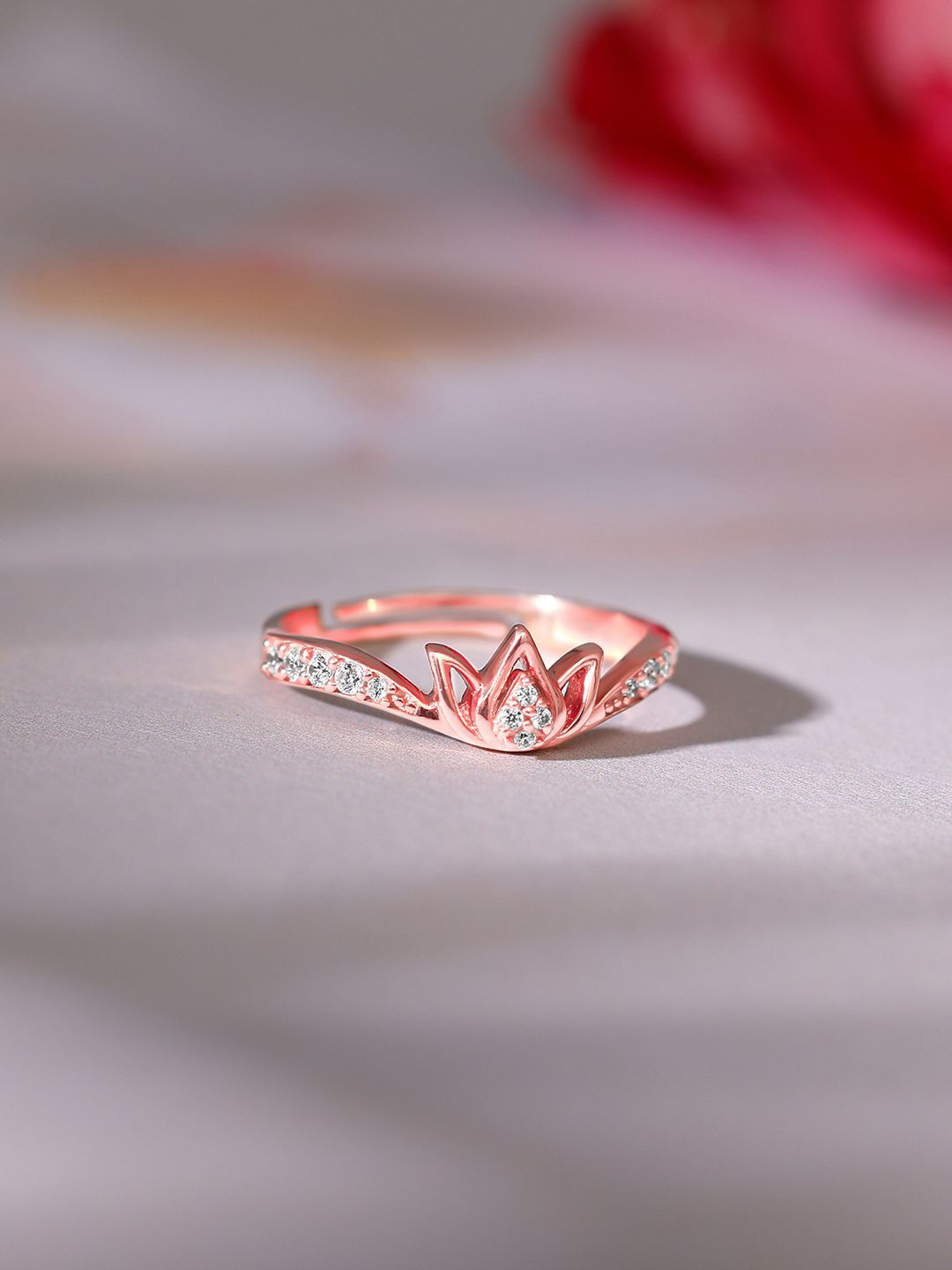 GIVA 925 Sterling Silver Rose Gold-Plated CZ-Studded Adjustable Mridul Kamal Finger Ring