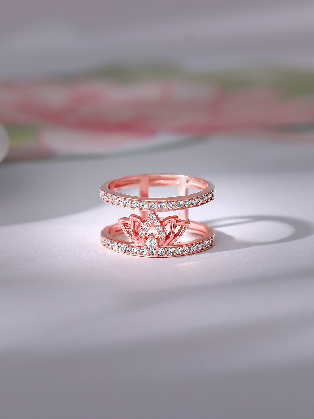 GIVA 925 Silver Rose Gold-Plated Cubic Zirconia Stone-Studded Kamal Finger Ring