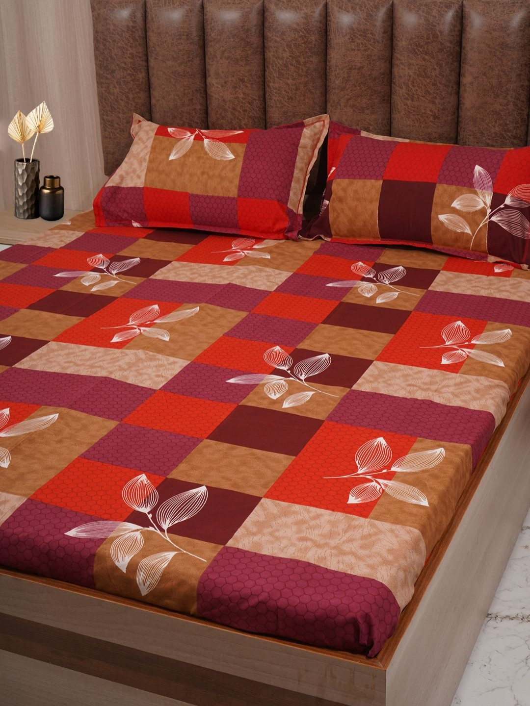 Adwitiya Red Leaf Polycotton 210 TC Queen Fine Bedsheet with 2 Pillow Covers-90 x 100 inches
