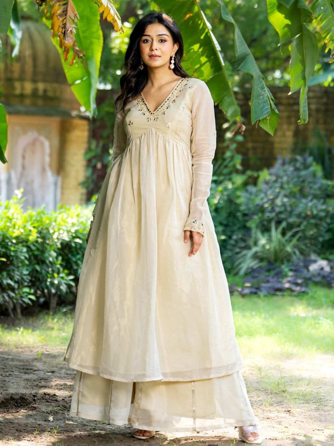 HOUSE OF JAMOTI Floral Embroidered Beads and Stones Anarkali Kurta with Sharara & Dupatta