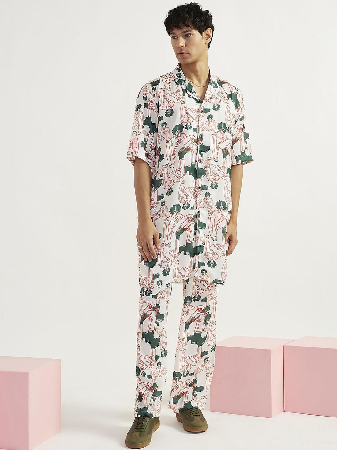 VASTRAMAY Abstract Printed Shirt Collar Short Sleeves Satin Straight Kurta with Trousers