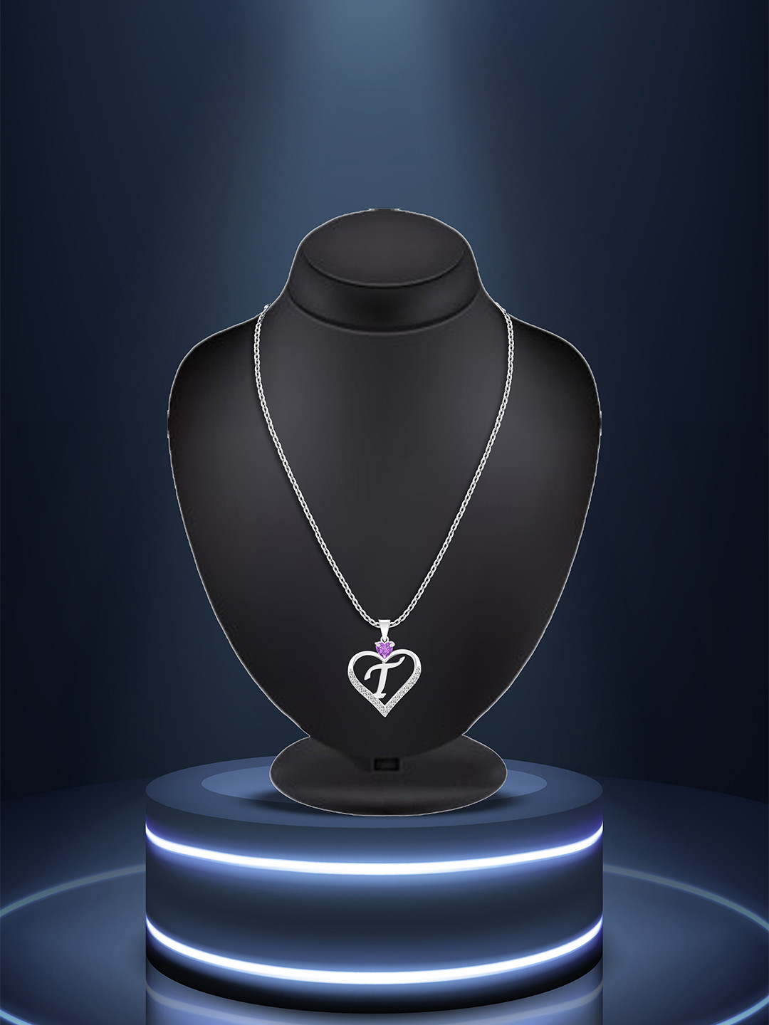 Lila Silver-Plated CZ Studded Stainless Steel Alphabet 'T' Heart Shaped Pendant With Chain
