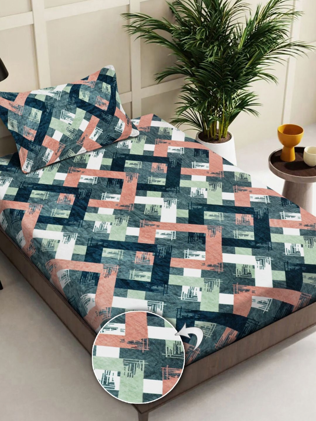 FABINALIV Green Geometric 300 TC Single Bedsheet with 1 Pillow Covers 2.20  x 1.50 Mts