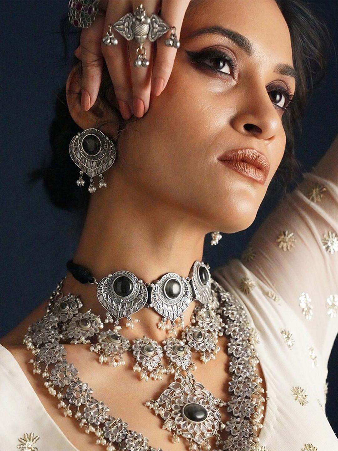 JAYPORE Brass Artificial Stones & Beads Studded Jewellery Set
