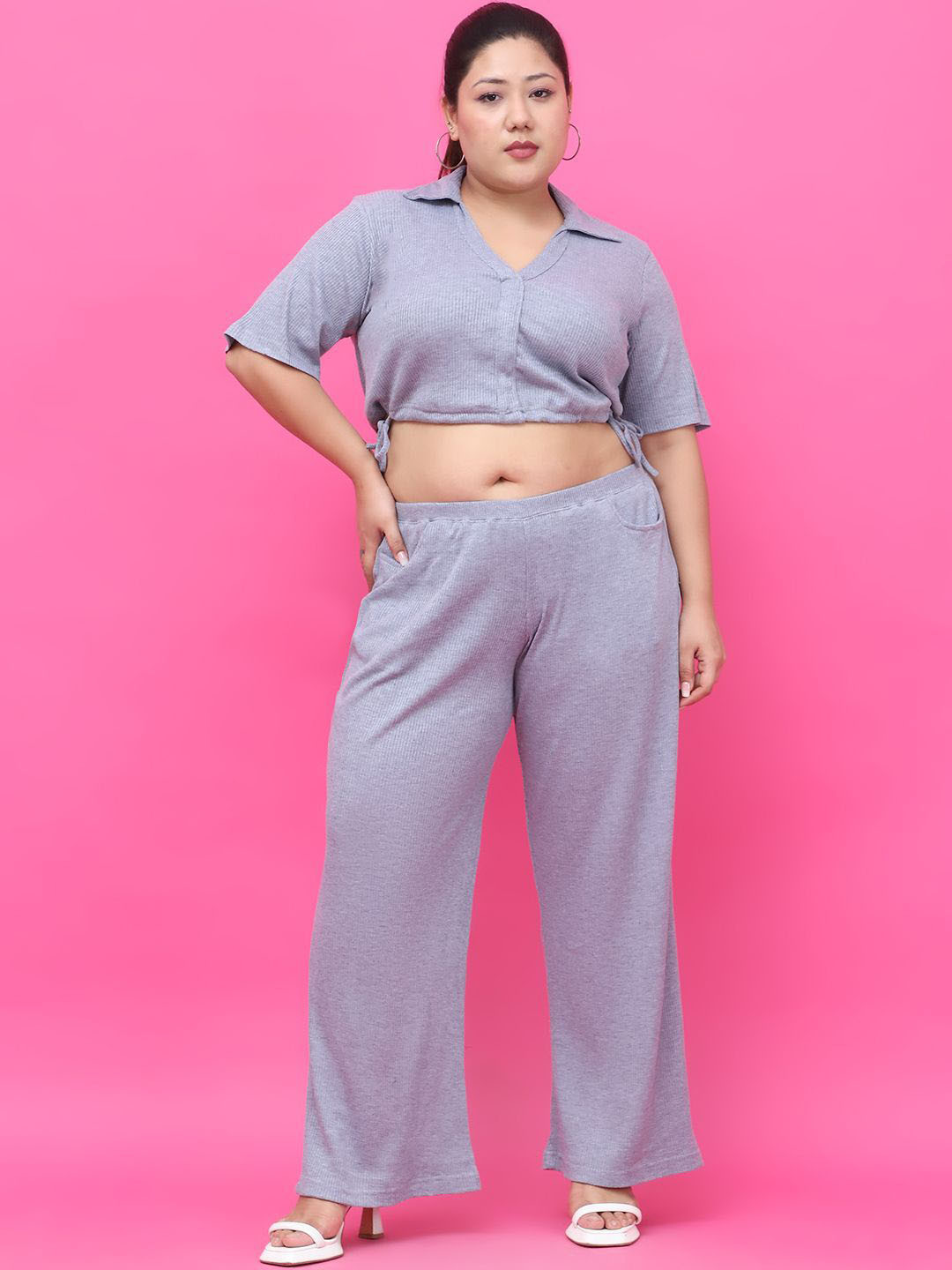 theRebelinme Plus Size Self Design Pure Cotton Crop Top And Trousers