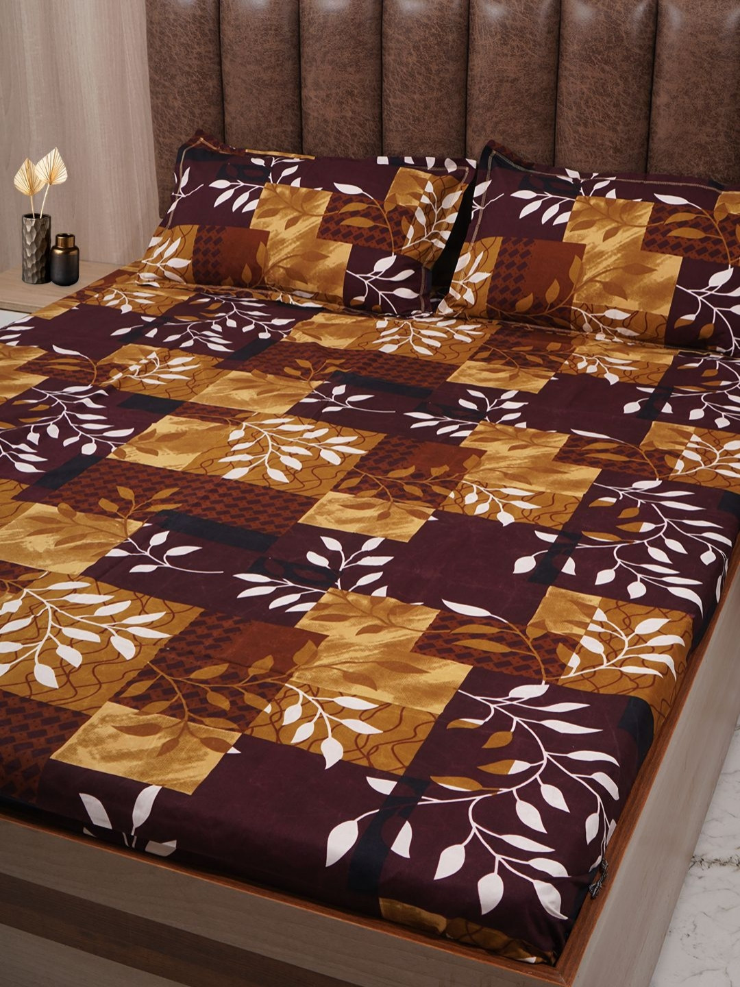 Adwitiya Brown Leaf Polycotton 210 TC Queen Bedsheet with 2 Pillow Covers-228.6 x 254 cm