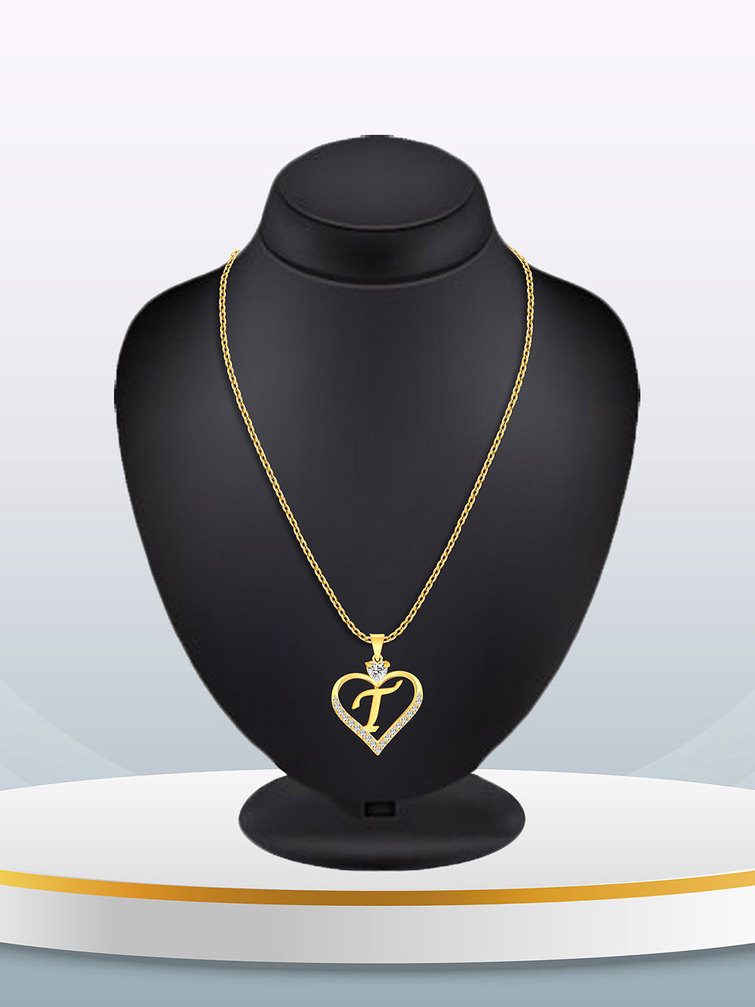 Lila Unisex Stainless Steel Gold-Plated Cubic Zirconia Studded Alphabet T Pendant & Chain