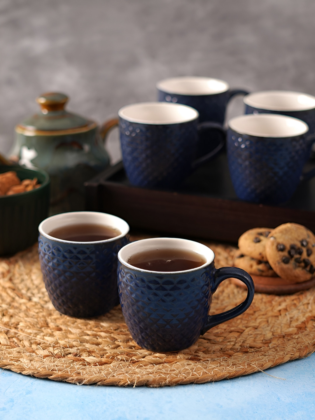 Aura Rose Blue Textured Ceramic Microwave Safe 6 Piece Cups-150ml