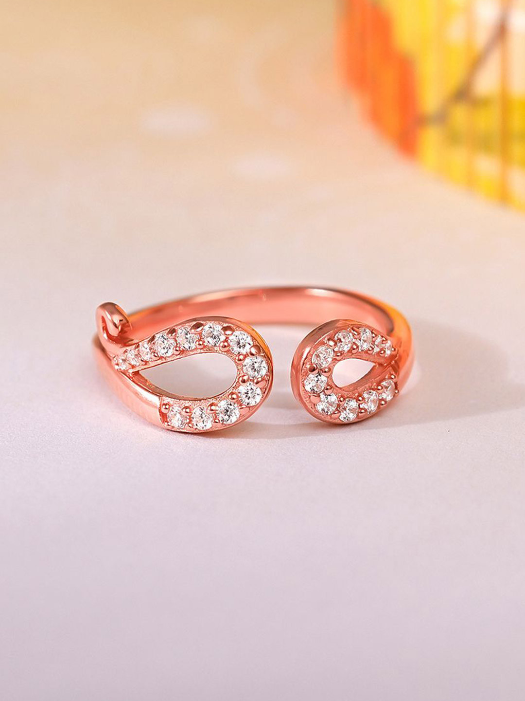 GIVA 925 Silver Rose Gold-Plated Cubic Zirconia Stone-Studded Adjustable Amba Finger Ring