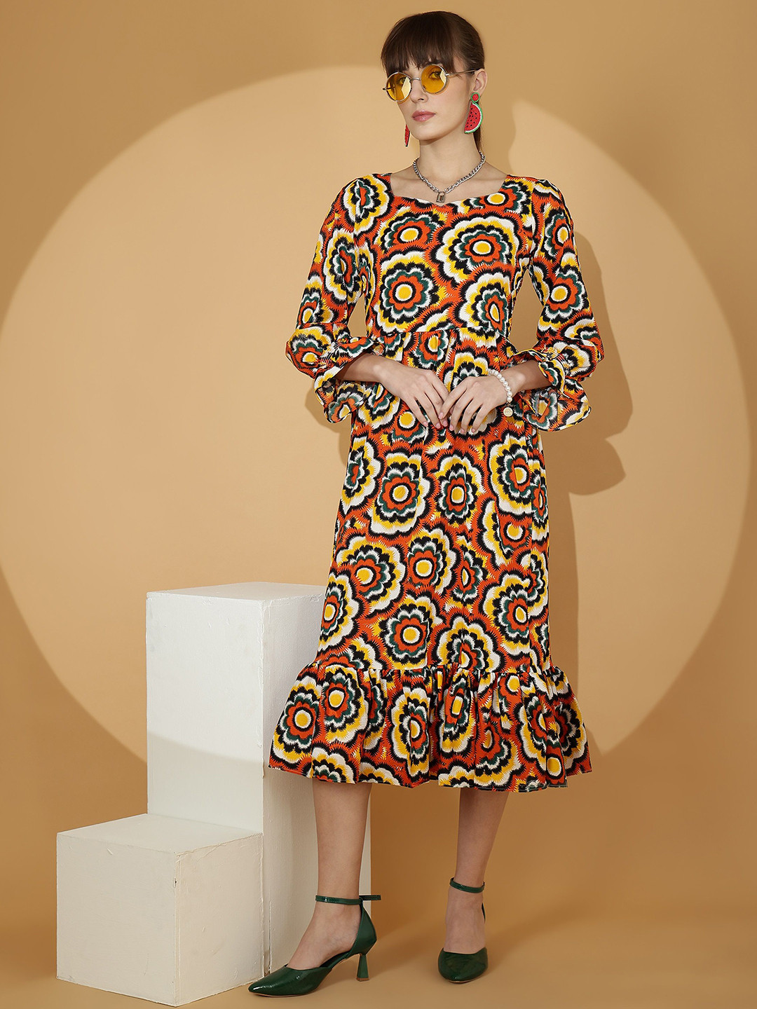 SHEETAL Associates Women Floral Print Flared Sleeve Crepe Fit & Flare Midi Dress